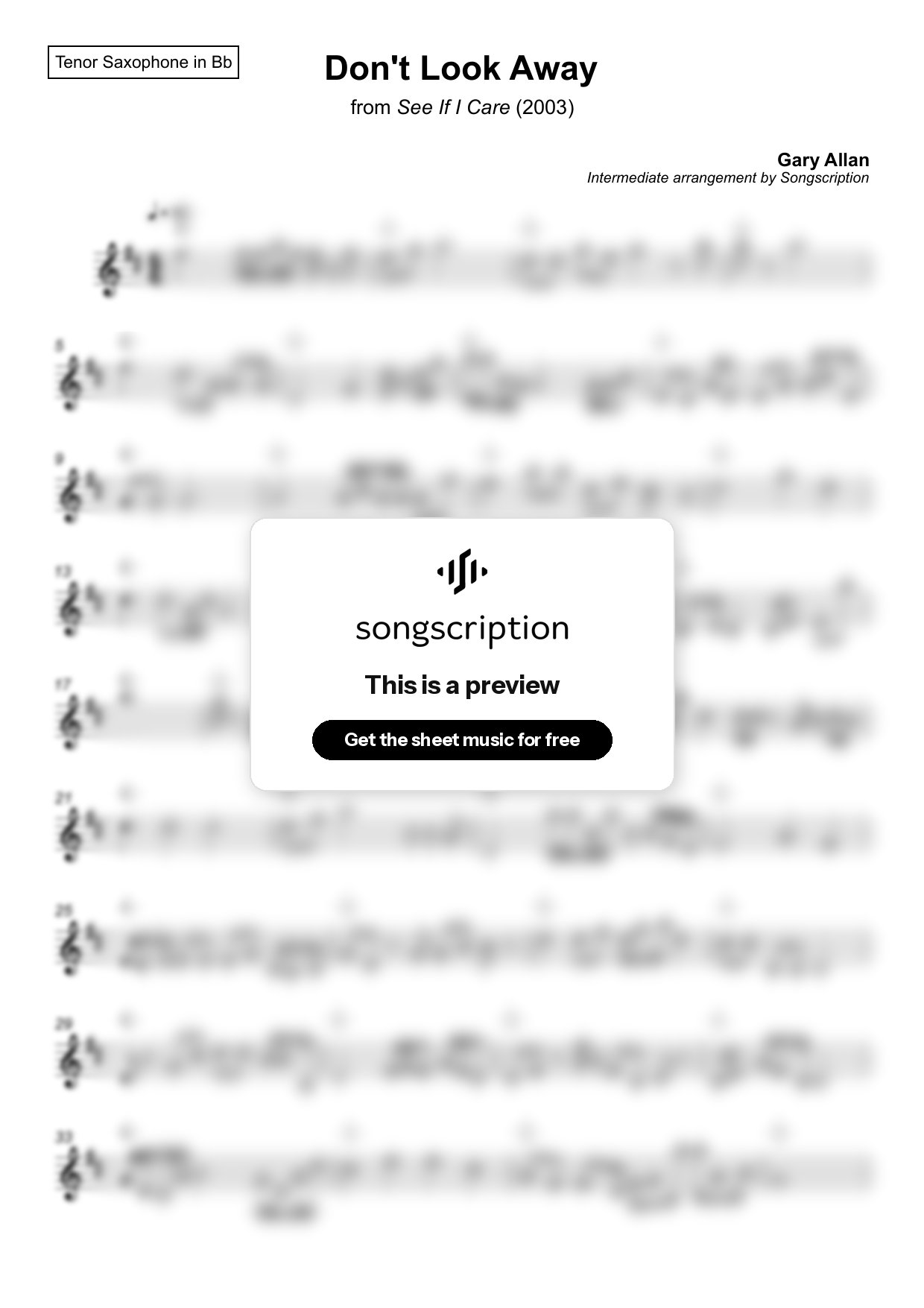 Intermediate Tenor Sax Sheet Music for "Don't Look Away" by Gary Allan