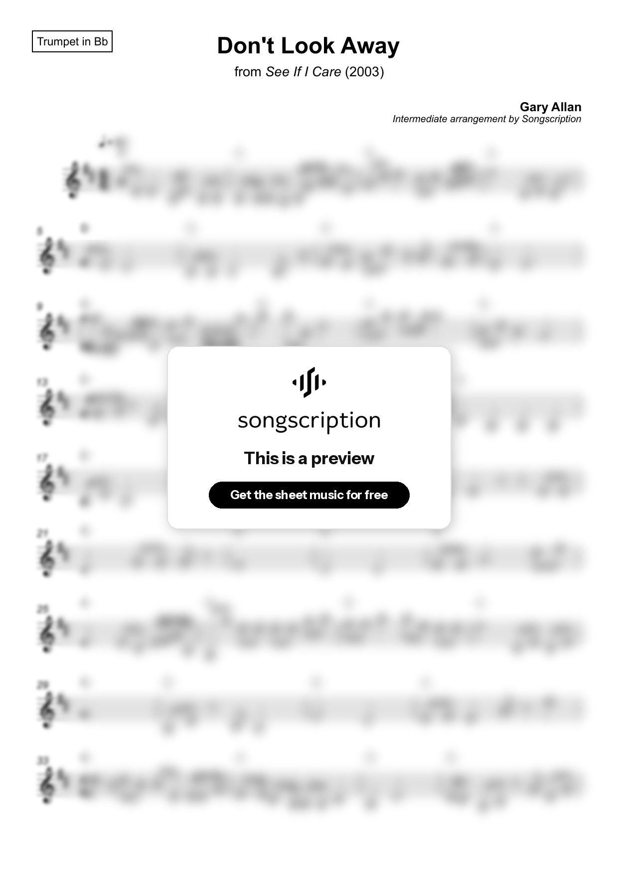 Intermediate Trumpet Sheet Music for "Don't Look Away" by Gary Allan