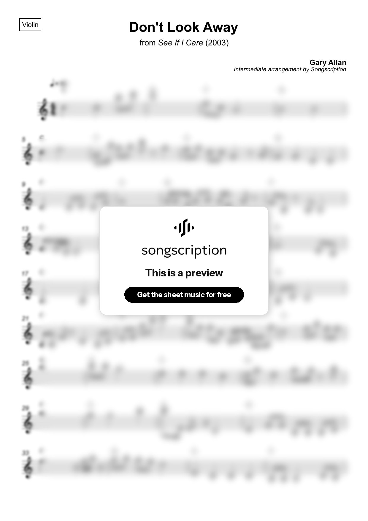 Intermediate Violin Sheet Music for "Don't Look Away" by Gary Allan