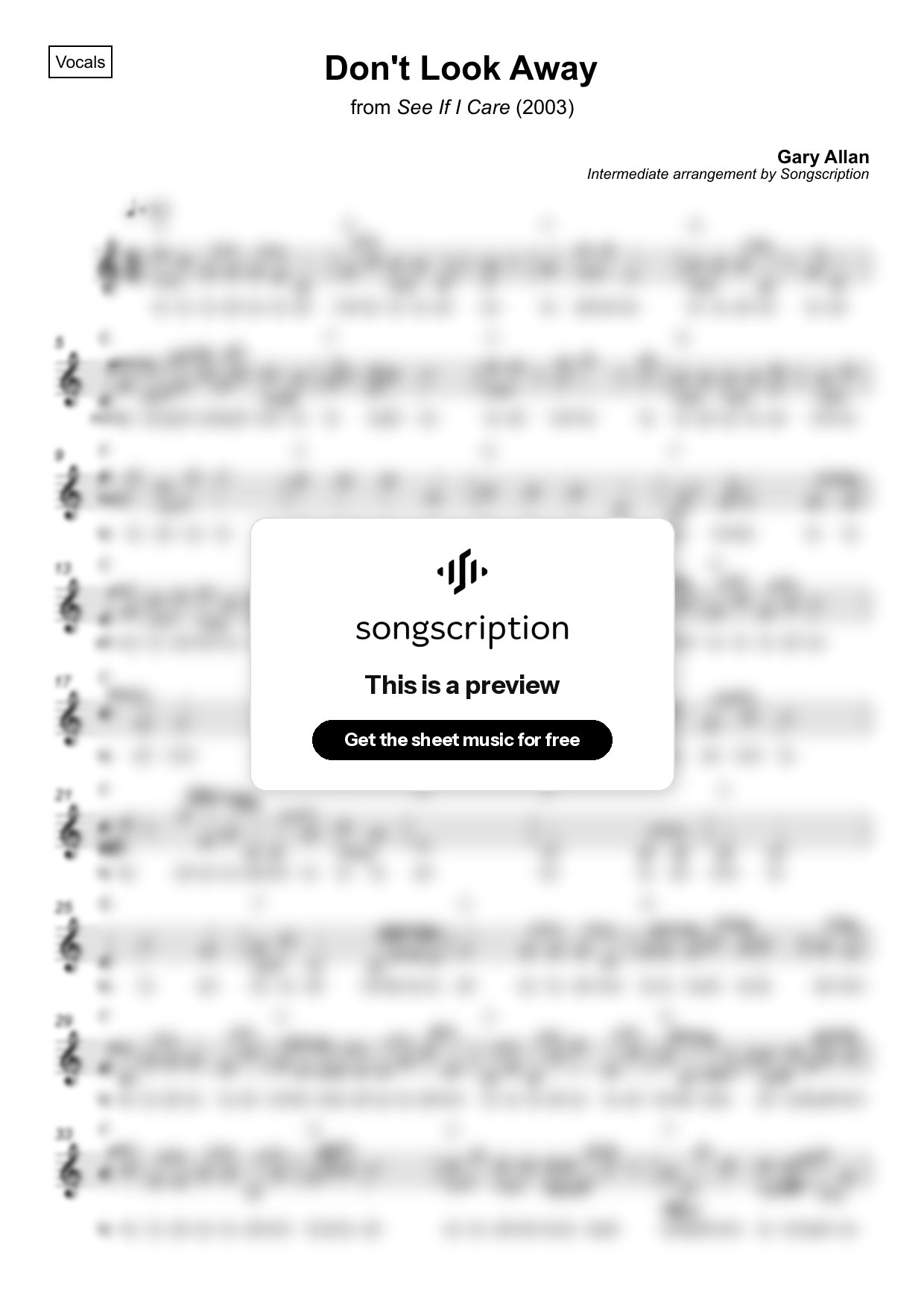 Intermediate Vocals Sheet Music for "Don't Look Away" by Gary Allan
