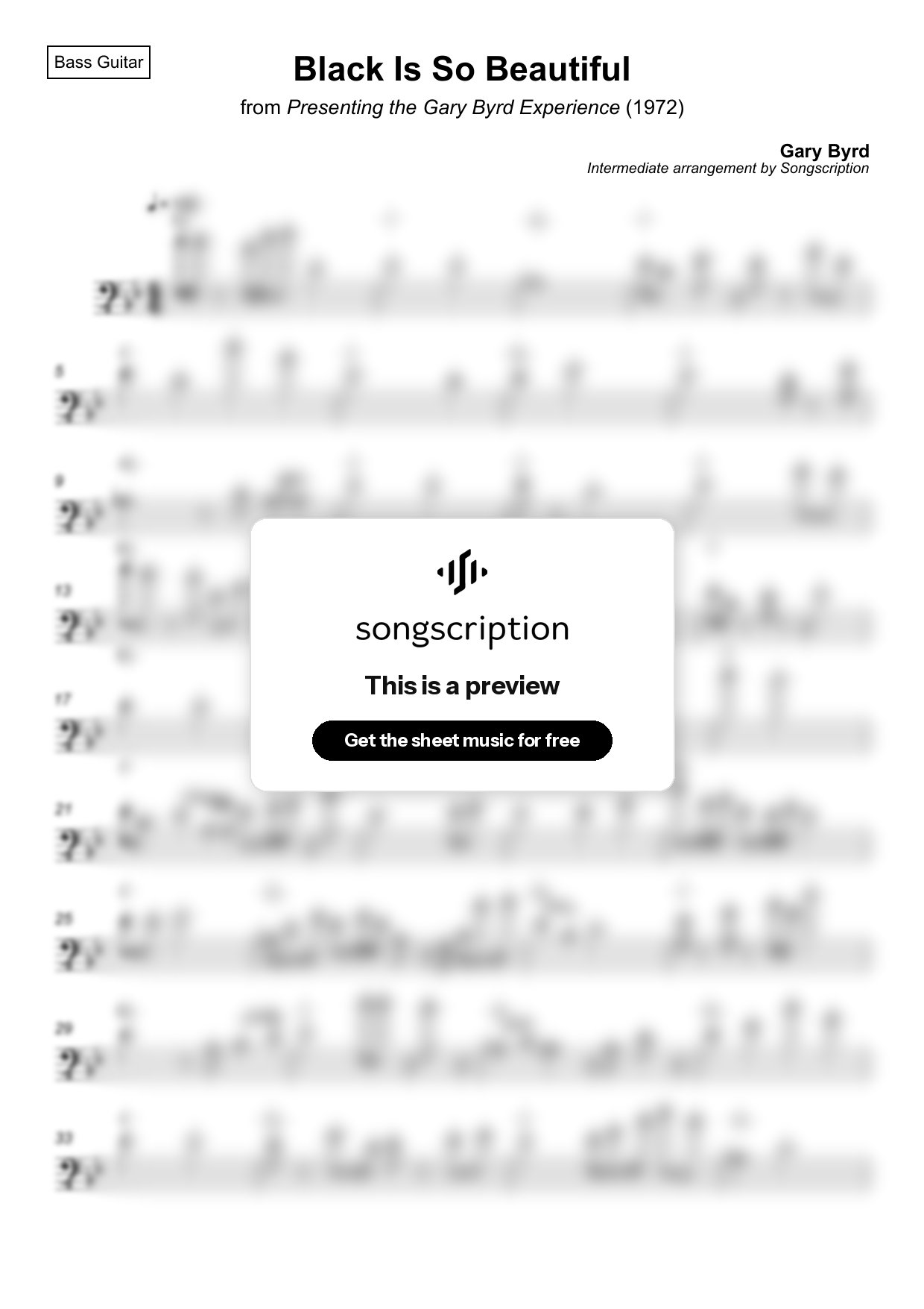 Intermediate Bass Guitar Sheet Music for "Black Is So Beautiful" by Gary Byrd