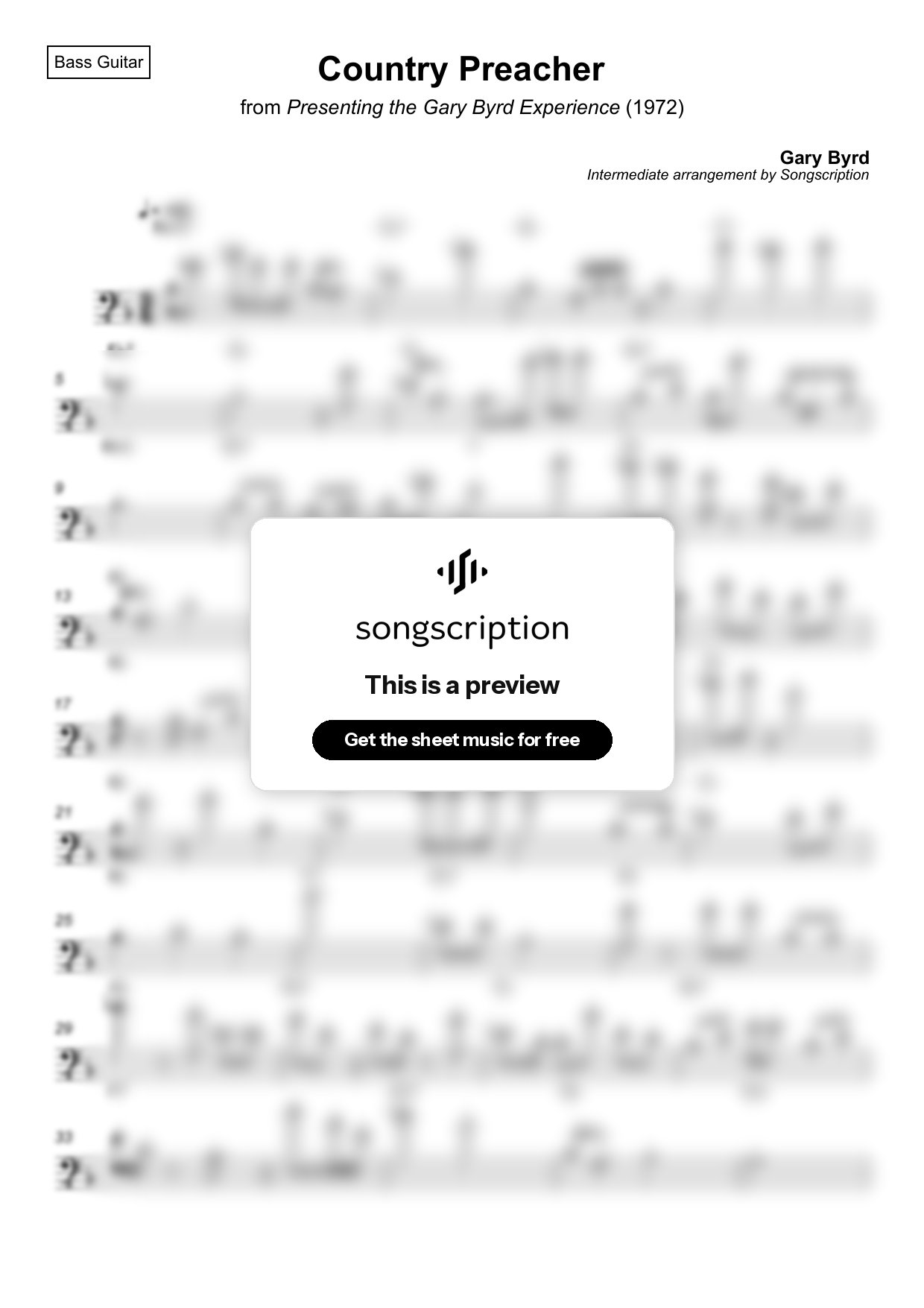 Intermediate Bass Guitar Sheet Music for "Country Preacher" by Gary Byrd