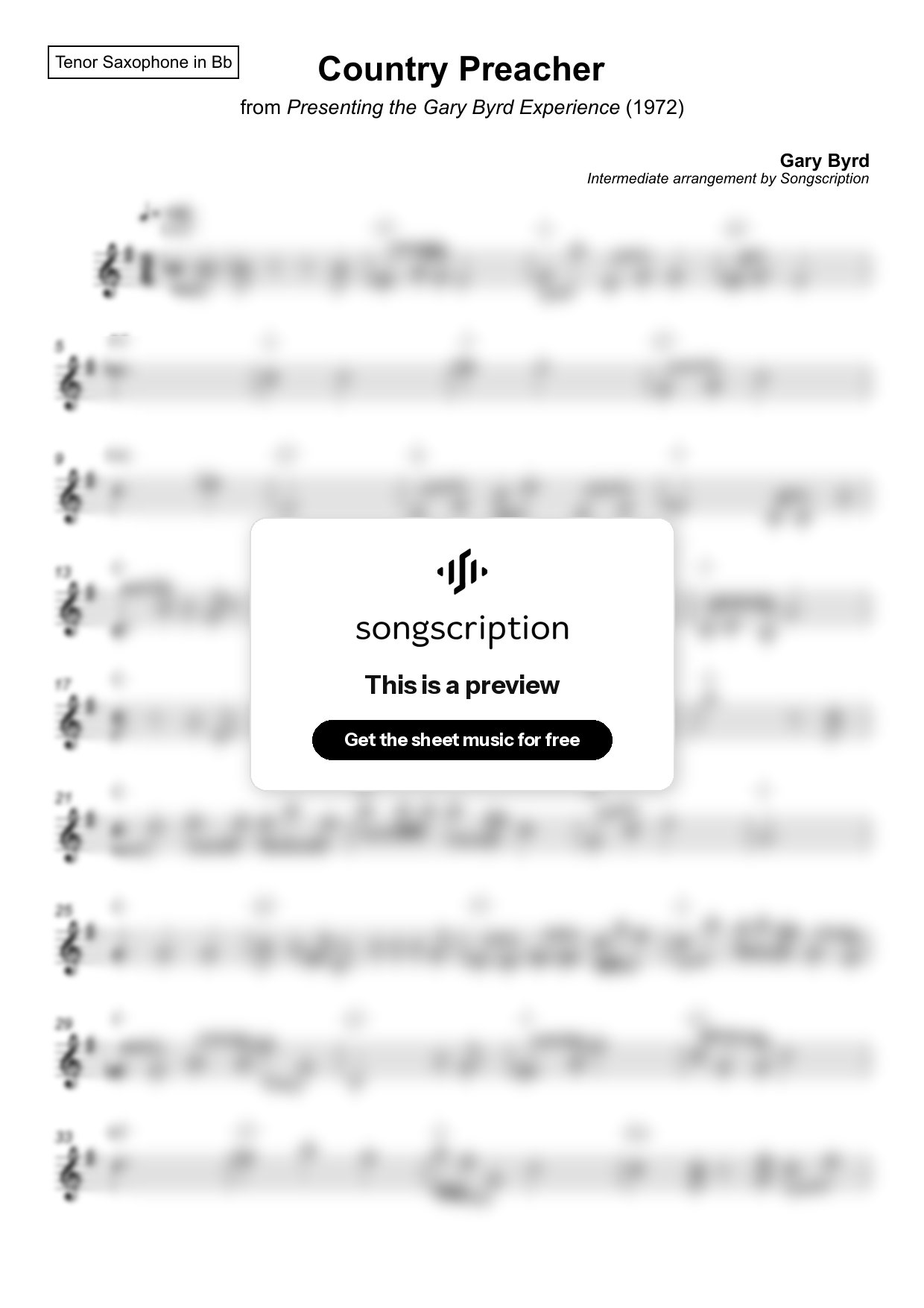 Intermediate Tenor Sax Sheet Music for "Country Preacher" by Gary Byrd