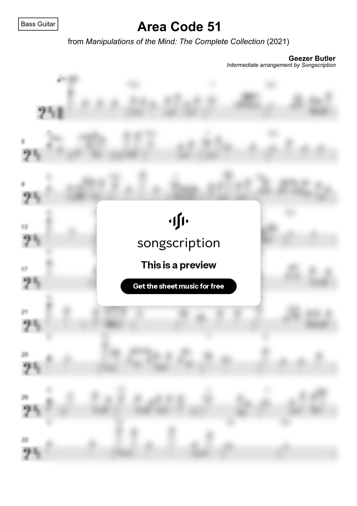 Intermediate Bass Guitar Sheet Music for "Area Code 51" by Geezer Butler