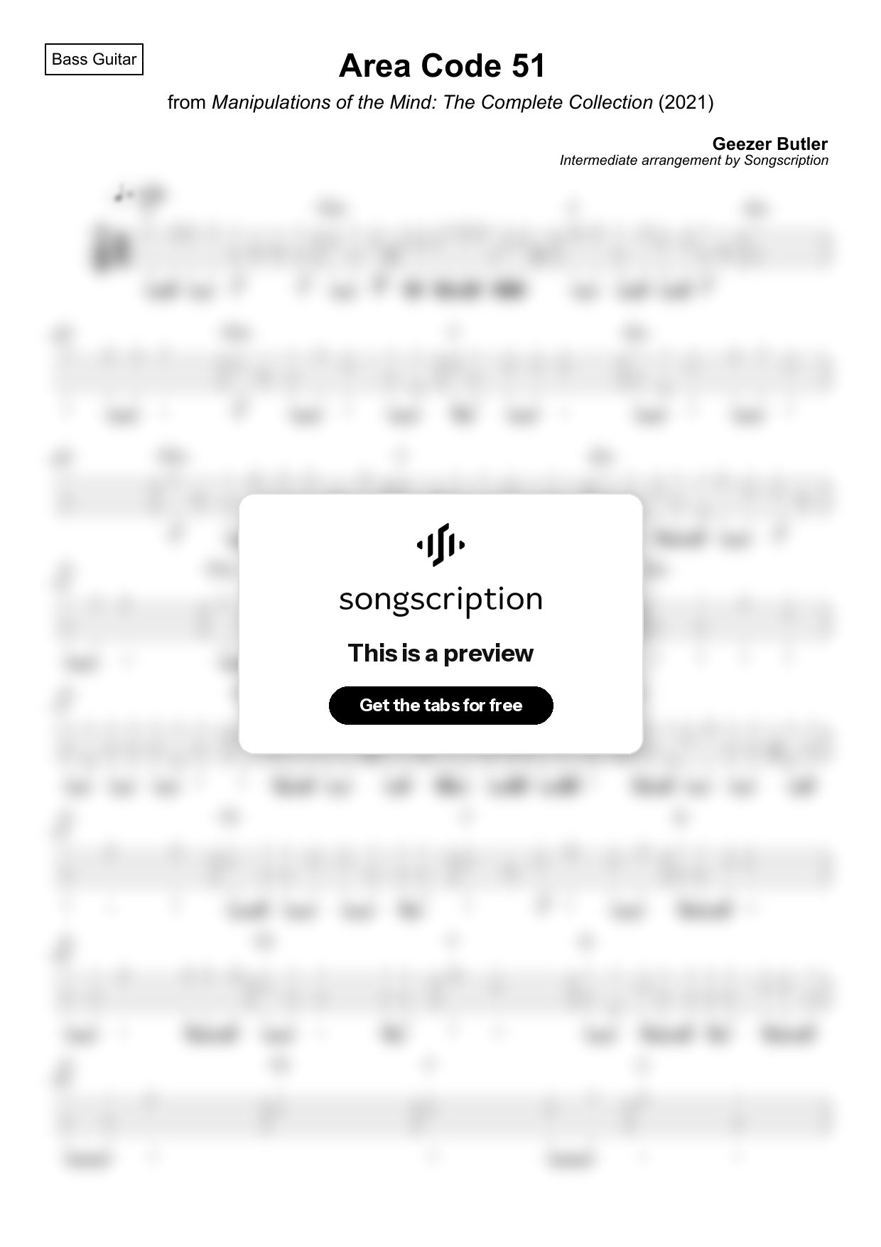 Intermediate Bass Guitar Tabs for "Area Code 51" by Geezer Butler