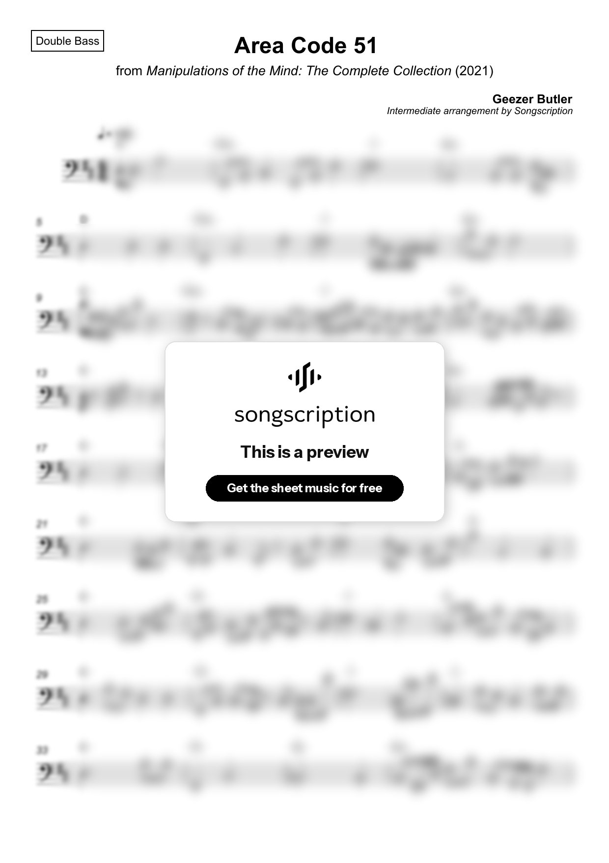 Intermediate Double Bass Sheet Music for "Area Code 51" by Geezer Butler