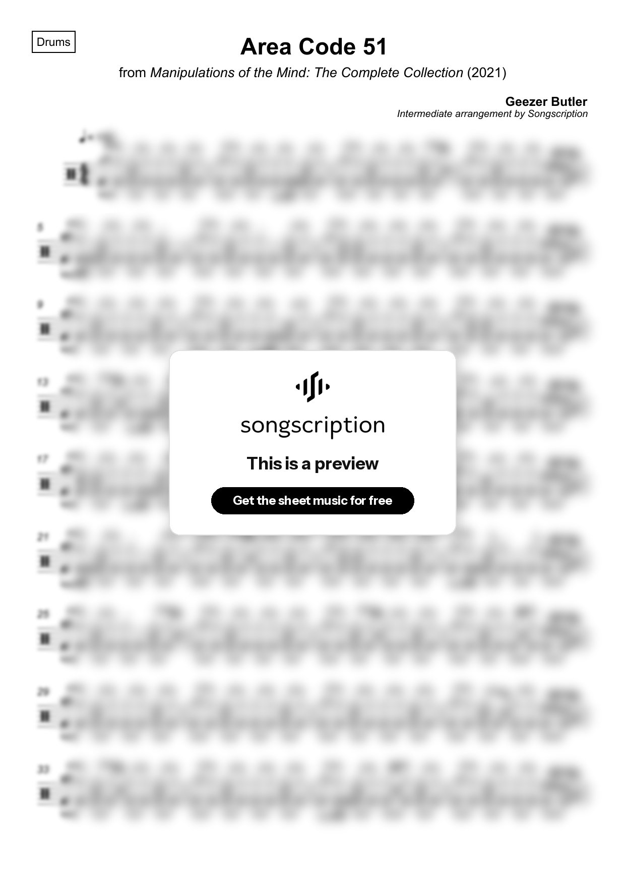Intermediate Drums Sheet Music for "Area Code 51" by Geezer Butler