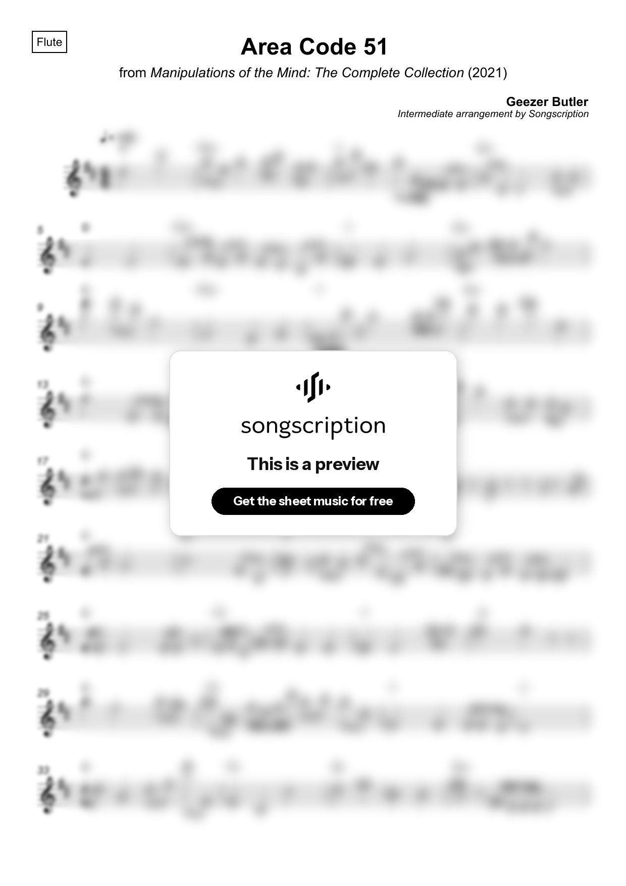 Intermediate Flute Sheet Music for "Area Code 51" by Geezer Butler