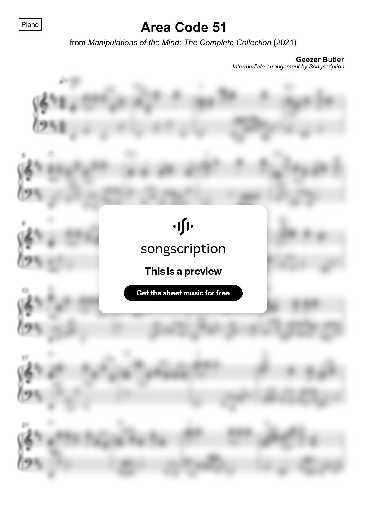 Intermediate Piano Sheet Music for "Area Code 51" by Geezer Butler