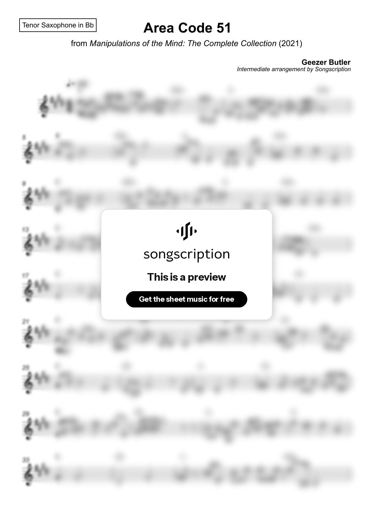 Intermediate Tenor Sax Sheet Music for "Area Code 51" by Geezer Butler