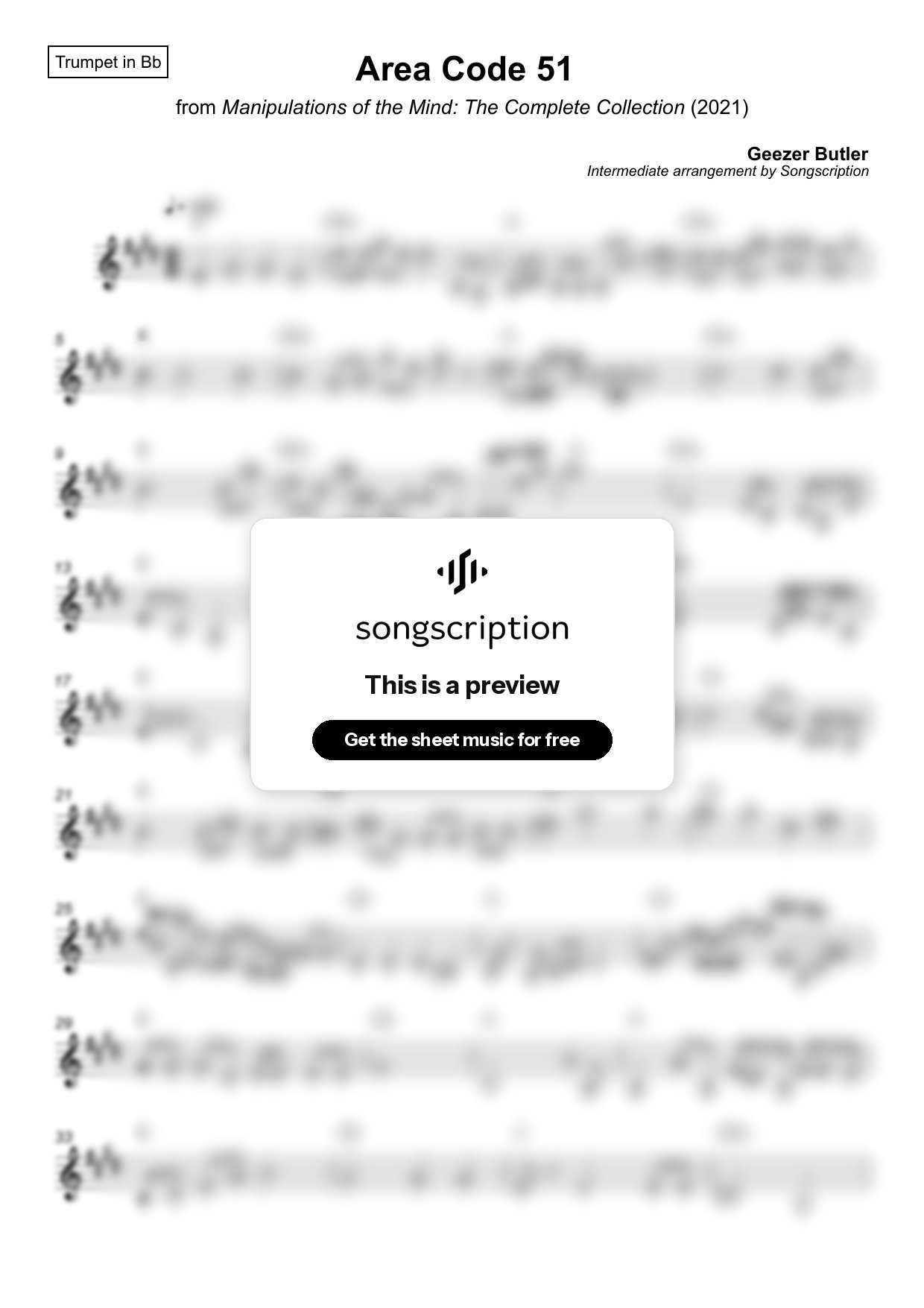 Intermediate Trumpet Sheet Music for "Area Code 51" by Geezer Butler