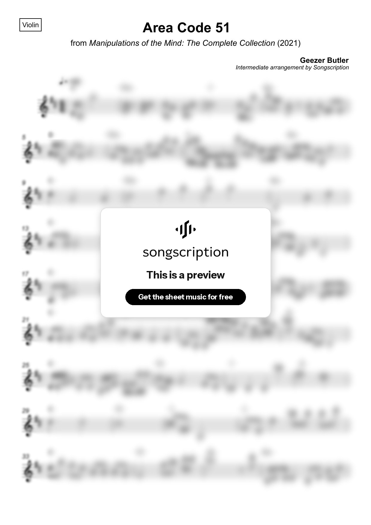 Intermediate Violin Sheet Music for "Area Code 51" by Geezer Butler