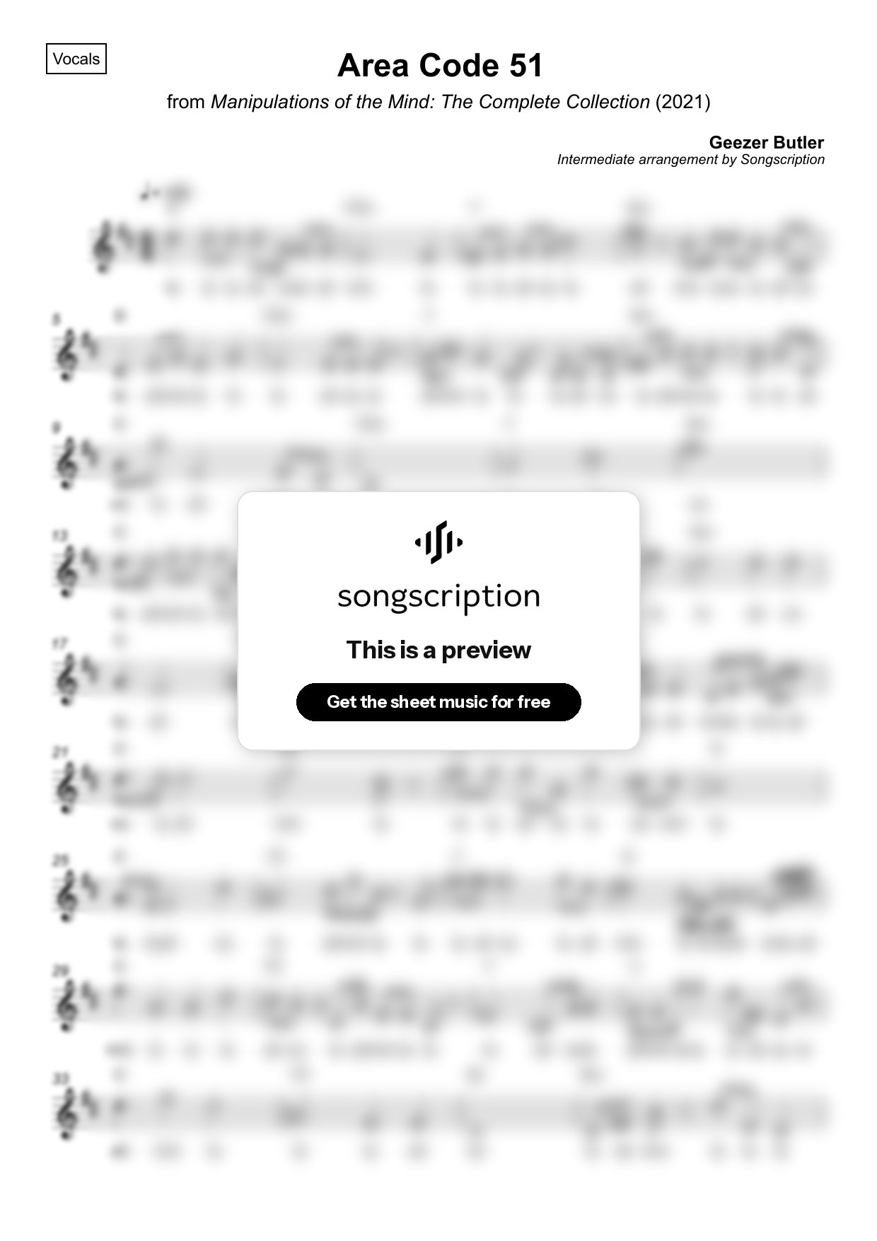 Intermediate Vocals Sheet Music for "Area Code 51" by Geezer Butler