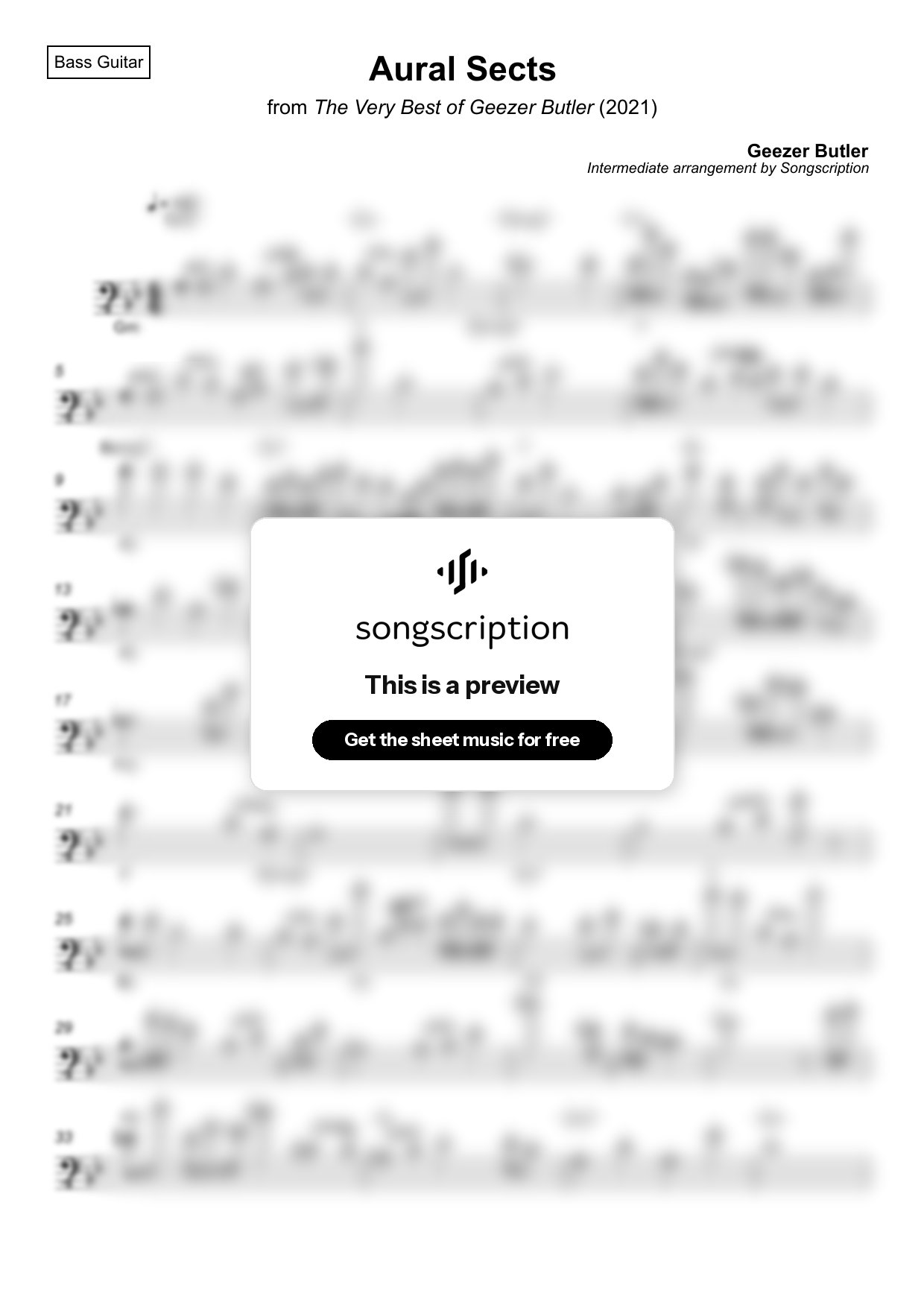 Intermediate Bass Guitar Sheet Music for "Aural Sects" by Geezer Butler