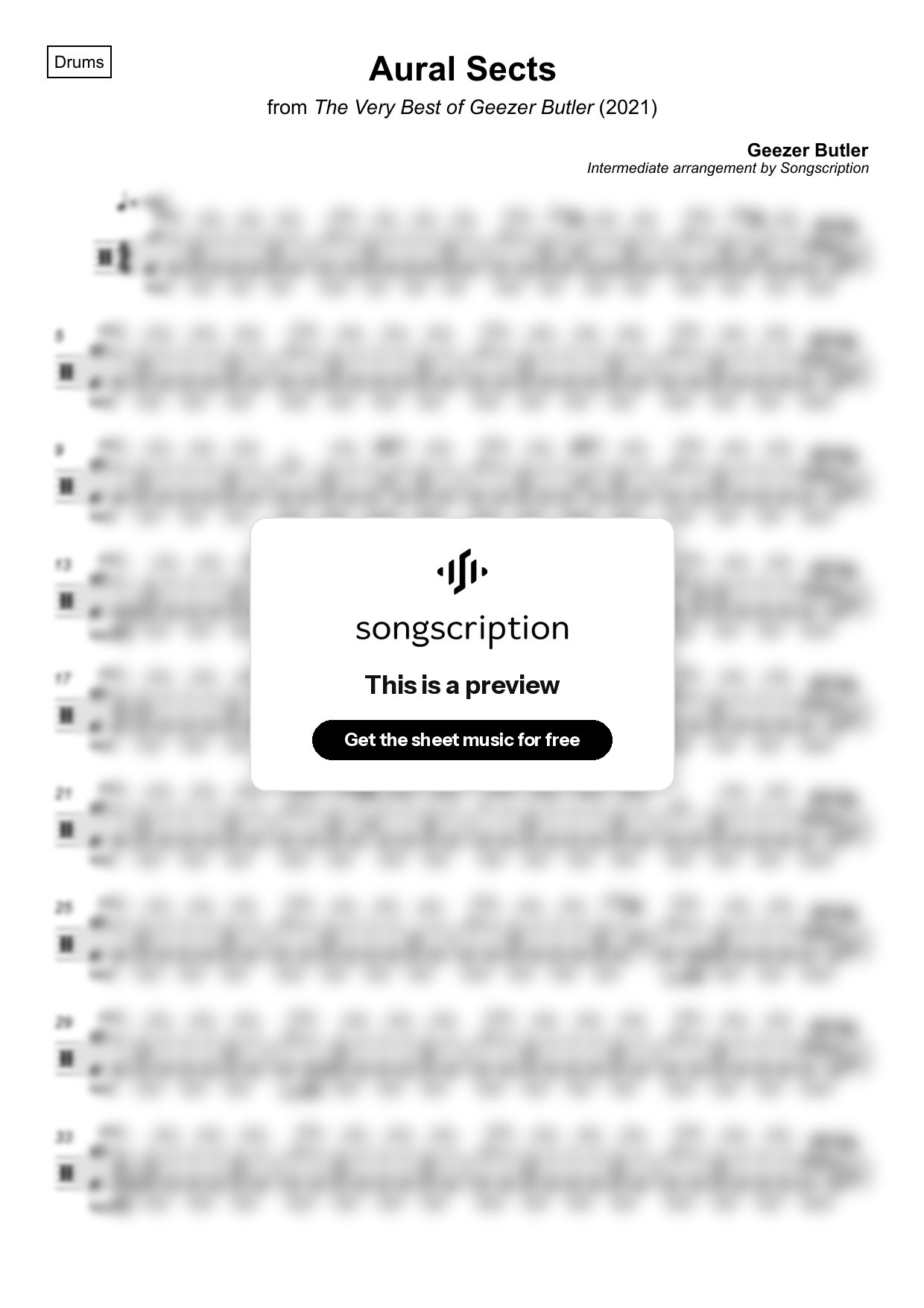 Intermediate Drums Sheet Music for "Aural Sects" by Geezer Butler