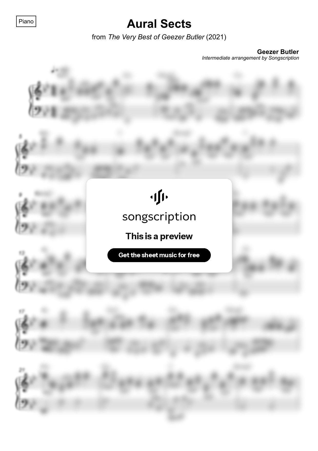 Intermediate Piano Sheet Music for "Aural Sects" by Geezer Butler