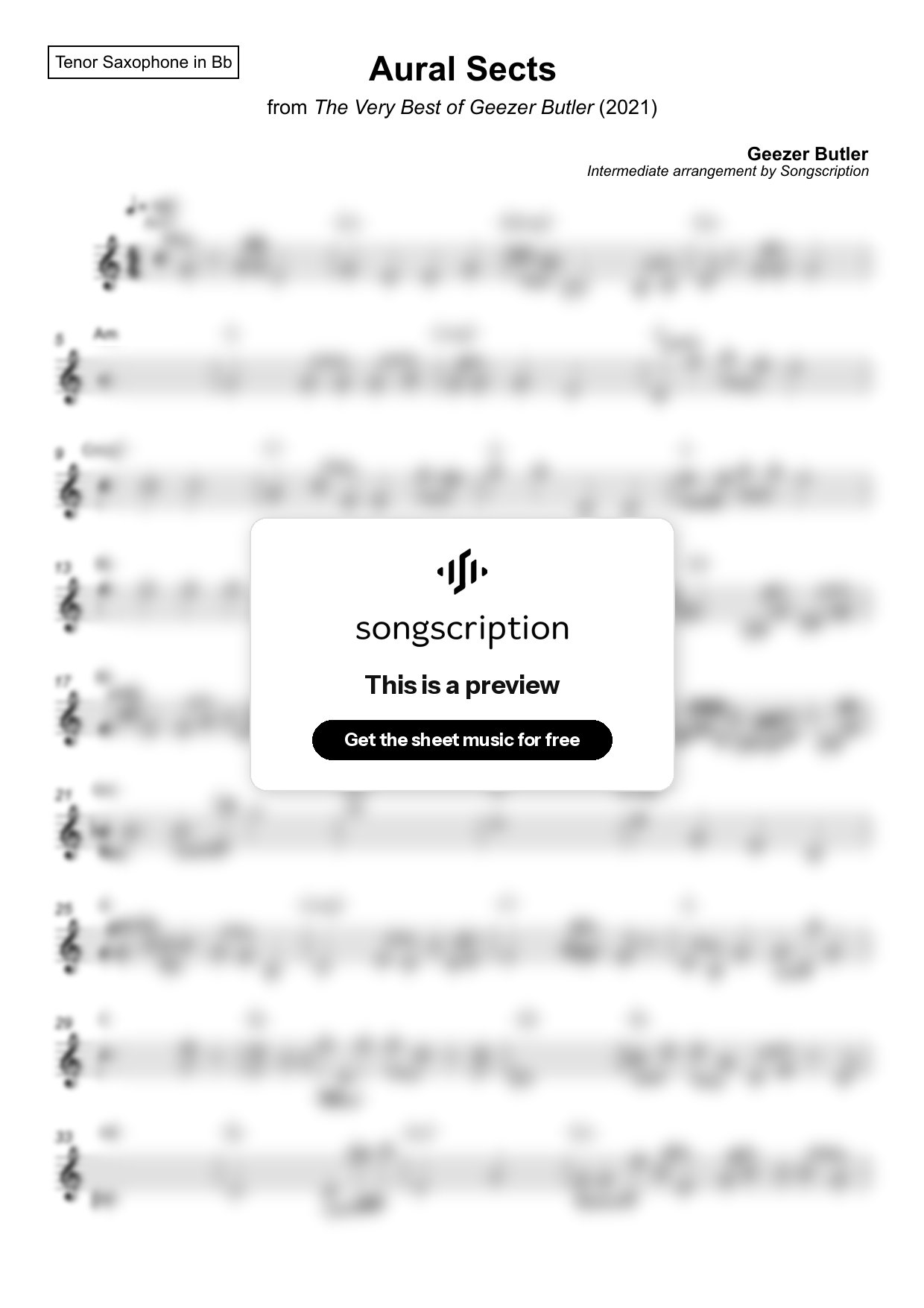 Intermediate Tenor Sax Sheet Music for "Aural Sects" by Geezer Butler