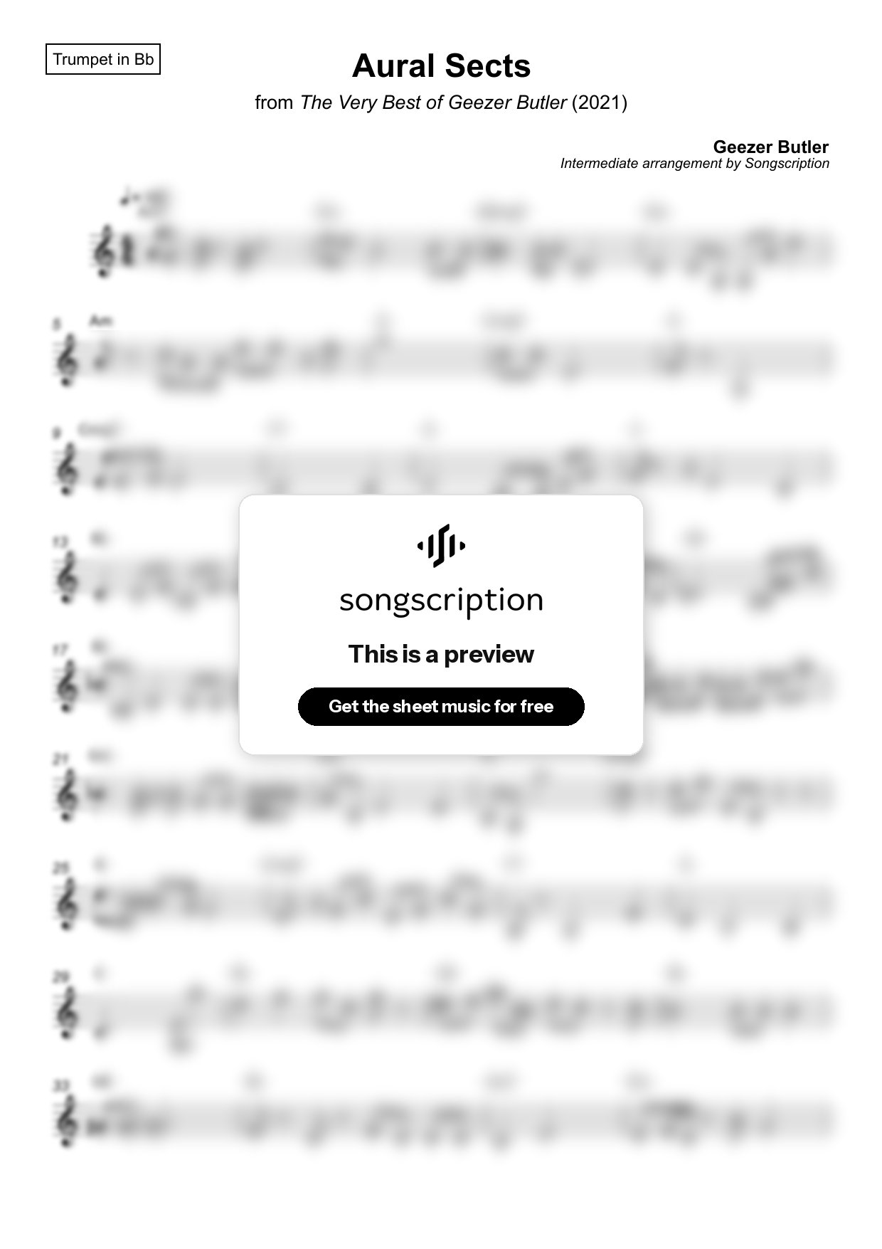 Intermediate Trumpet Sheet Music for "Aural Sects" by Geezer Butler