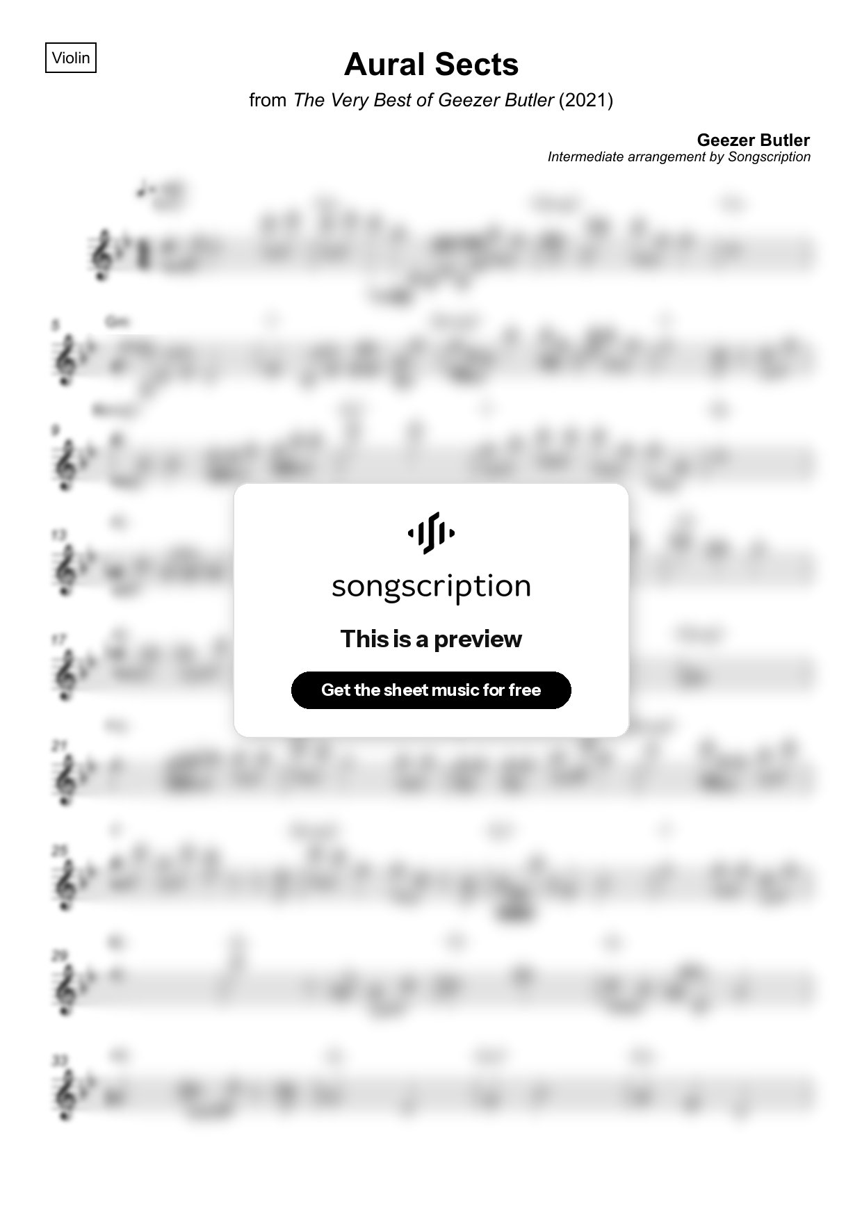 Intermediate Violin Sheet Music for "Aural Sects" by Geezer Butler