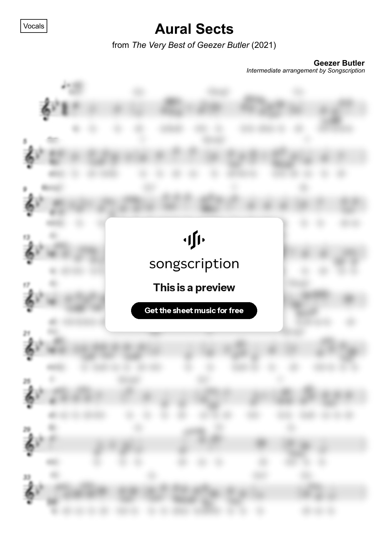 Intermediate Vocals Sheet Music for "Aural Sects" by Geezer Butler