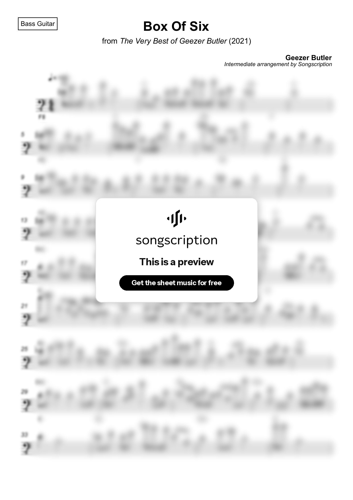 Intermediate Bass Guitar Sheet Music for "Box Of Six" by Geezer Butler