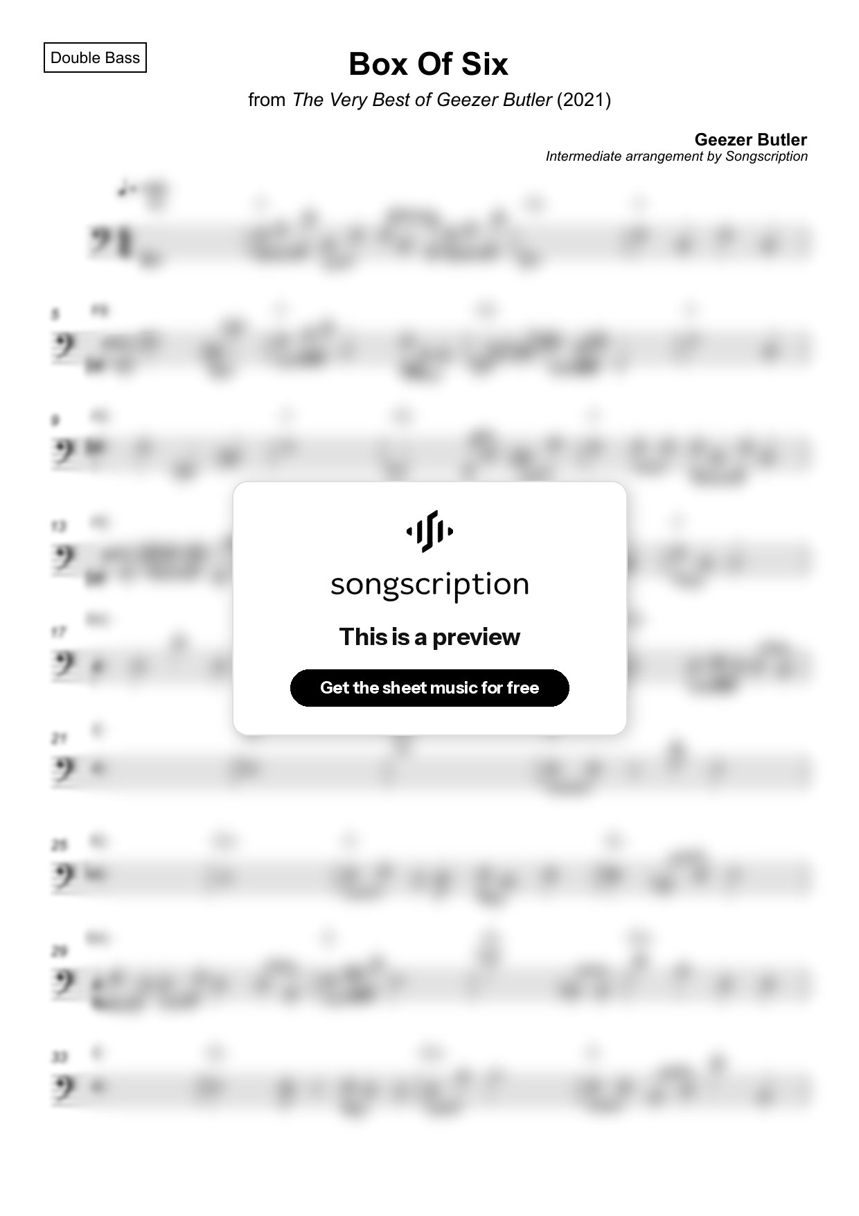 Intermediate Double Bass Sheet Music for "Box Of Six" by Geezer Butler