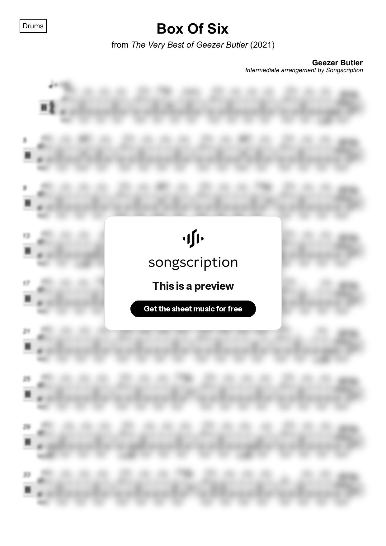 Intermediate Drums Sheet Music for "Box Of Six" by Geezer Butler