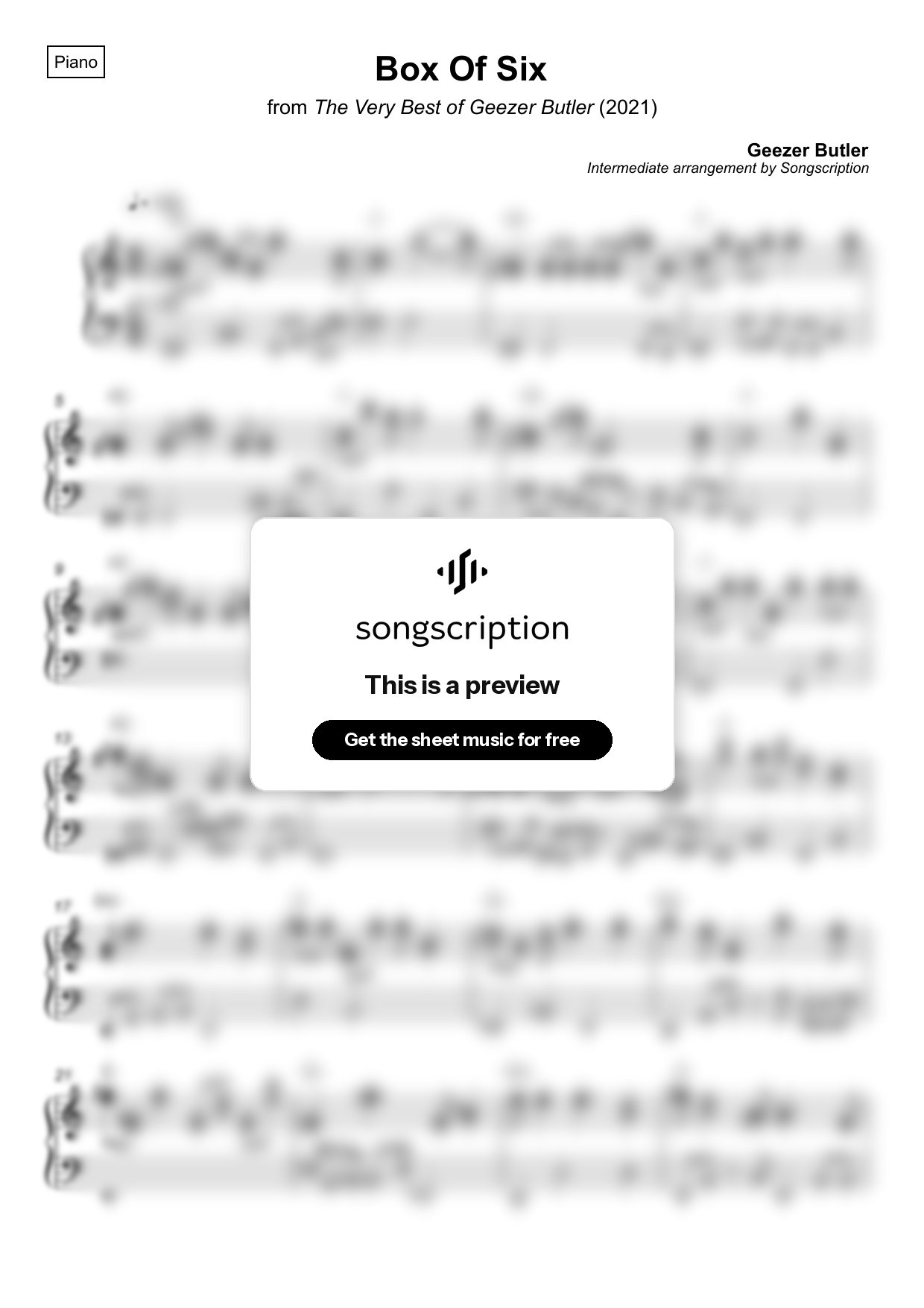 Intermediate Piano Sheet Music for "Box Of Six" by Geezer Butler