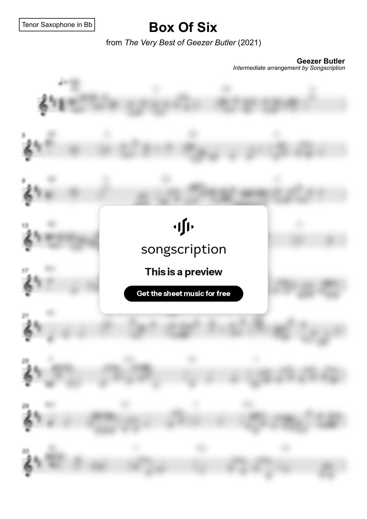 Intermediate Tenor Sax Sheet Music for "Box Of Six" by Geezer Butler