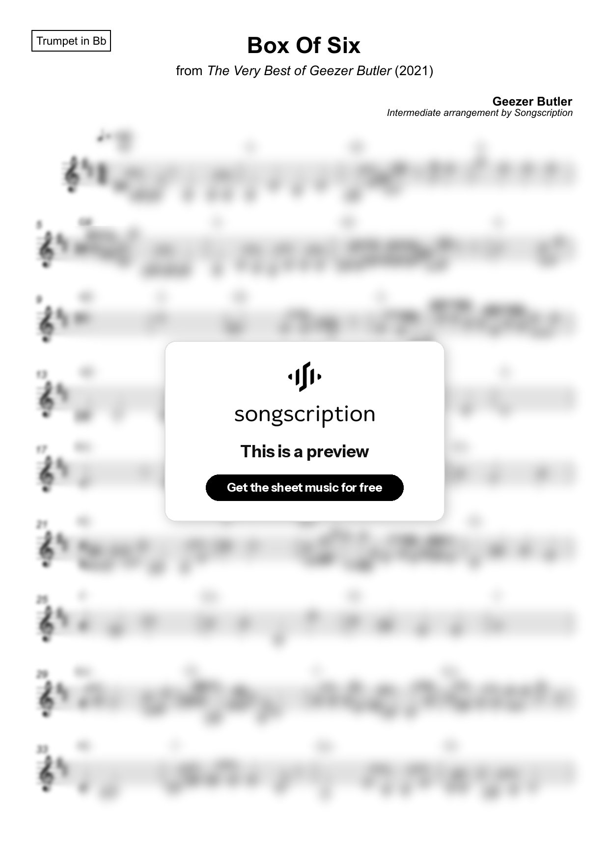 Intermediate Trumpet Sheet Music for "Box Of Six" by Geezer Butler