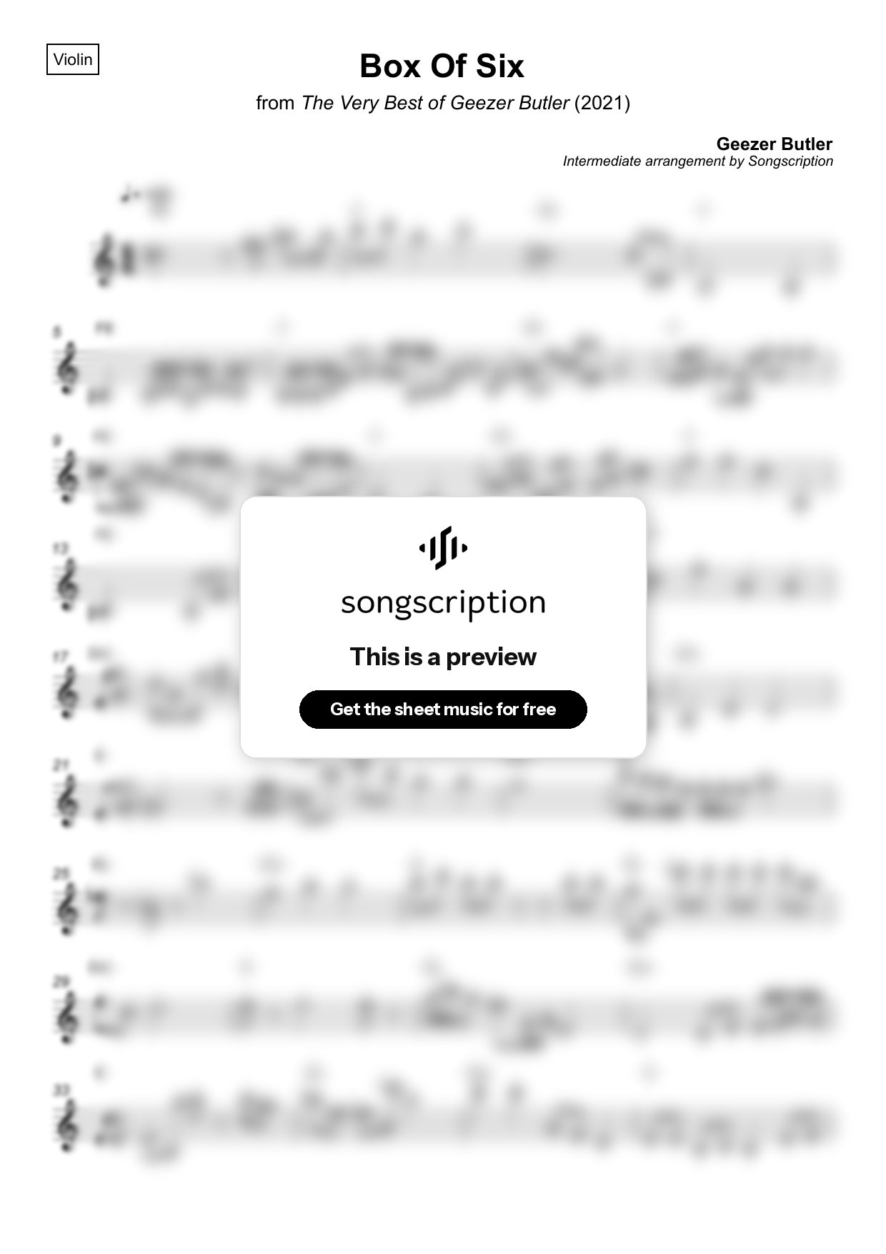 Intermediate Violin Sheet Music for "Box Of Six" by Geezer Butler