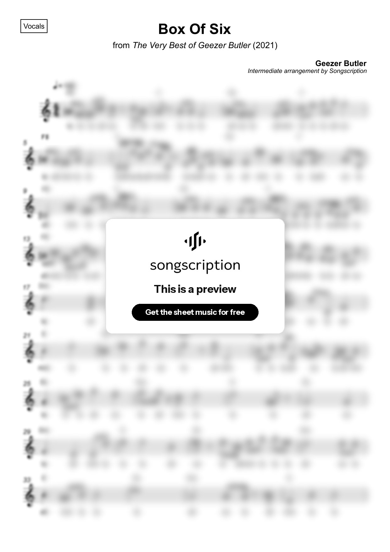 Intermediate Vocals Sheet Music for "Box Of Six" by Geezer Butler