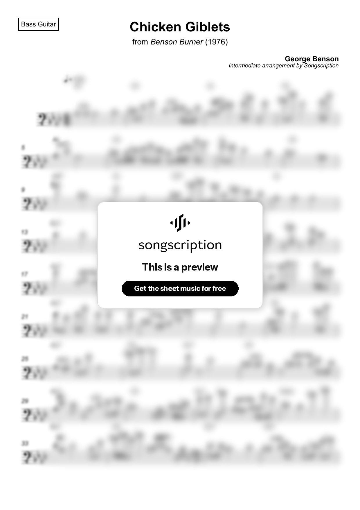 Intermediate Bass Guitar Sheet Music for "Chicken Giblets" by George Benson