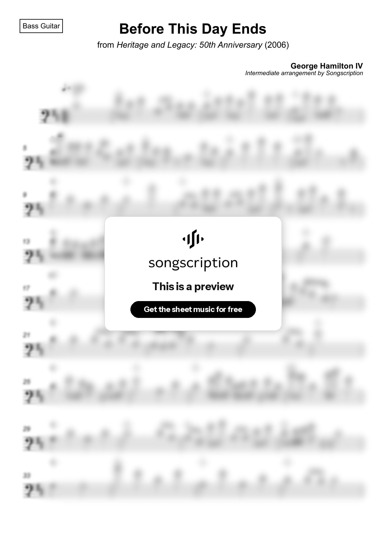 Intermediate Bass Guitar Sheet Music for "Before This Day Ends" by George Hamilton IV
