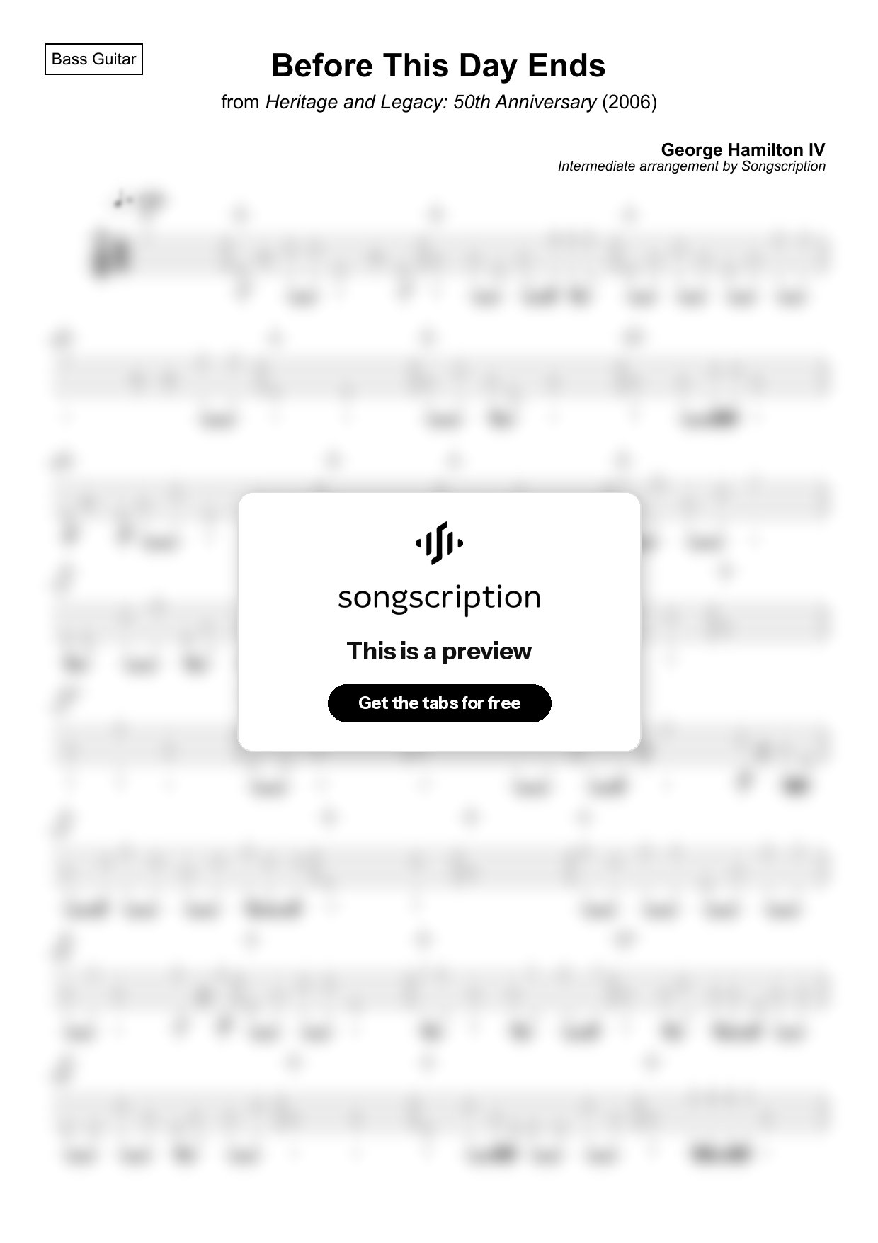 Intermediate Bass Guitar Tabs for "Before This Day Ends" by George Hamilton IV
