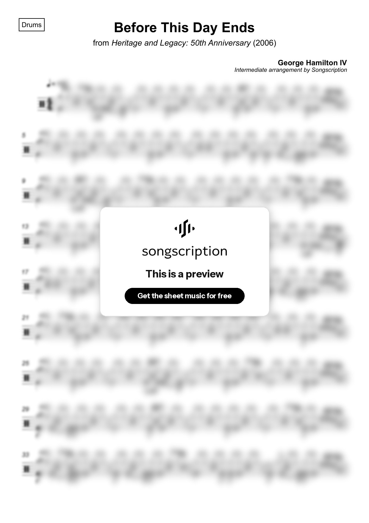 Intermediate Drums Sheet Music for "Before This Day Ends" by George Hamilton IV