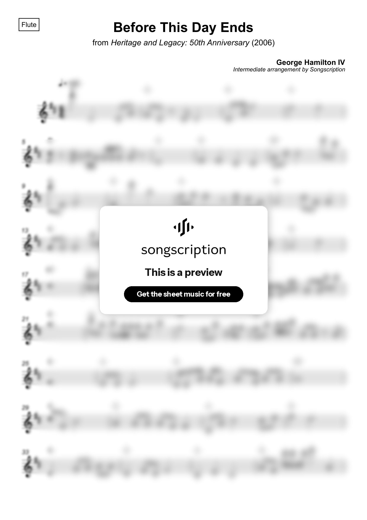 Intermediate Flute Sheet Music for "Before This Day Ends" by George Hamilton IV