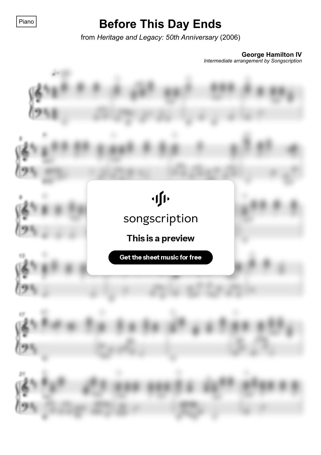 Intermediate Piano Sheet Music for "Before This Day Ends" by George Hamilton IV