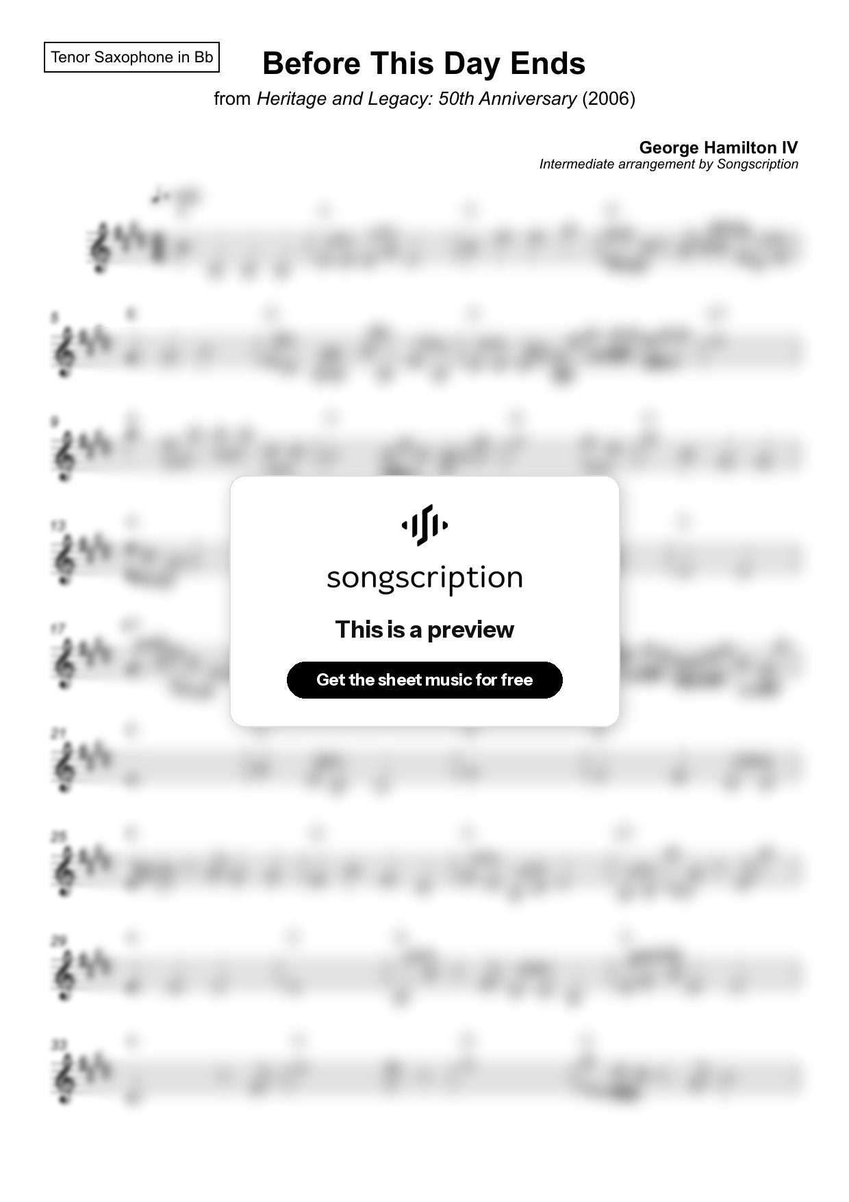 Intermediate Tenor Sax Sheet Music for "Before This Day Ends" by George Hamilton IV