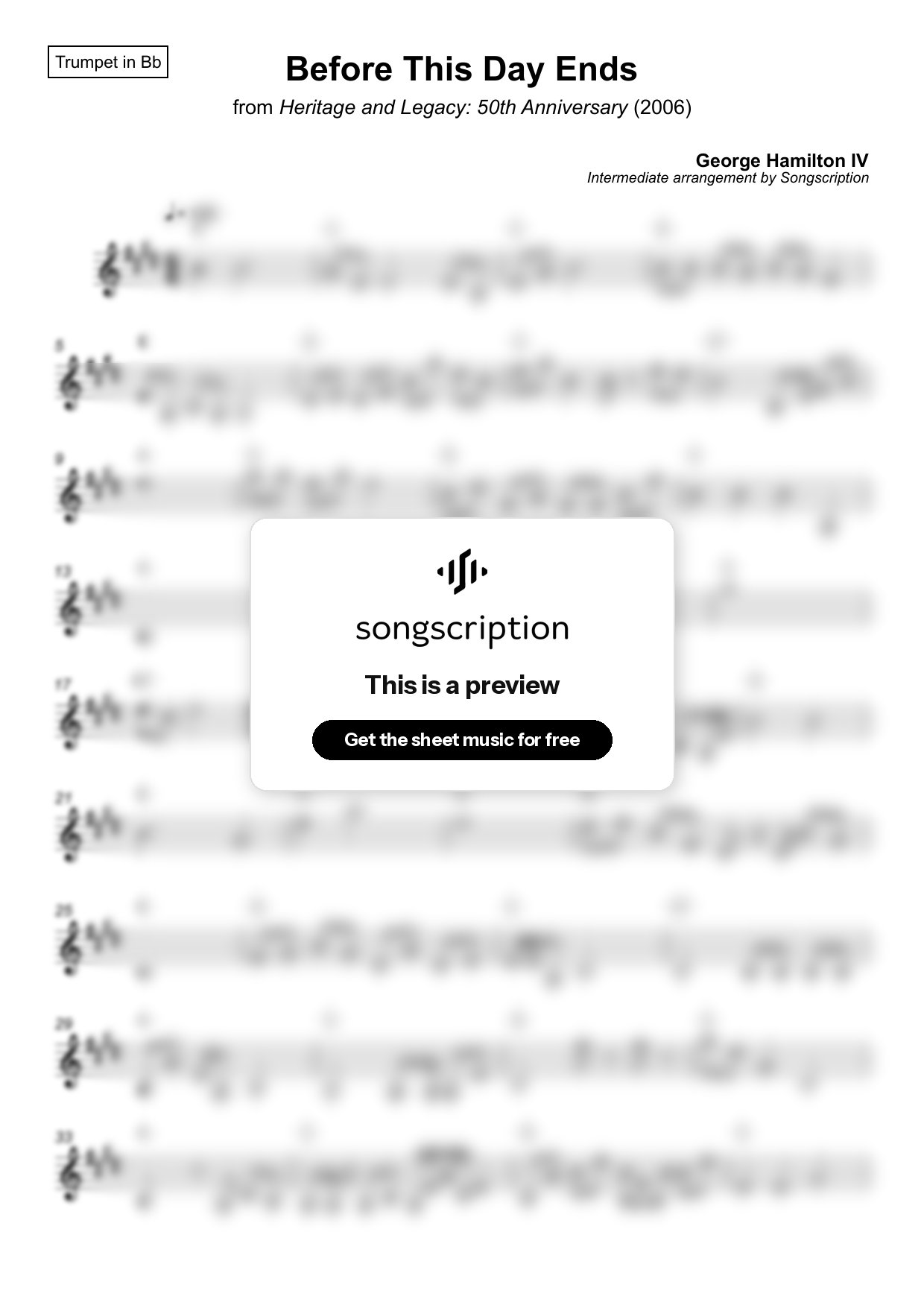 Intermediate Trumpet Sheet Music for "Before This Day Ends" by George Hamilton IV