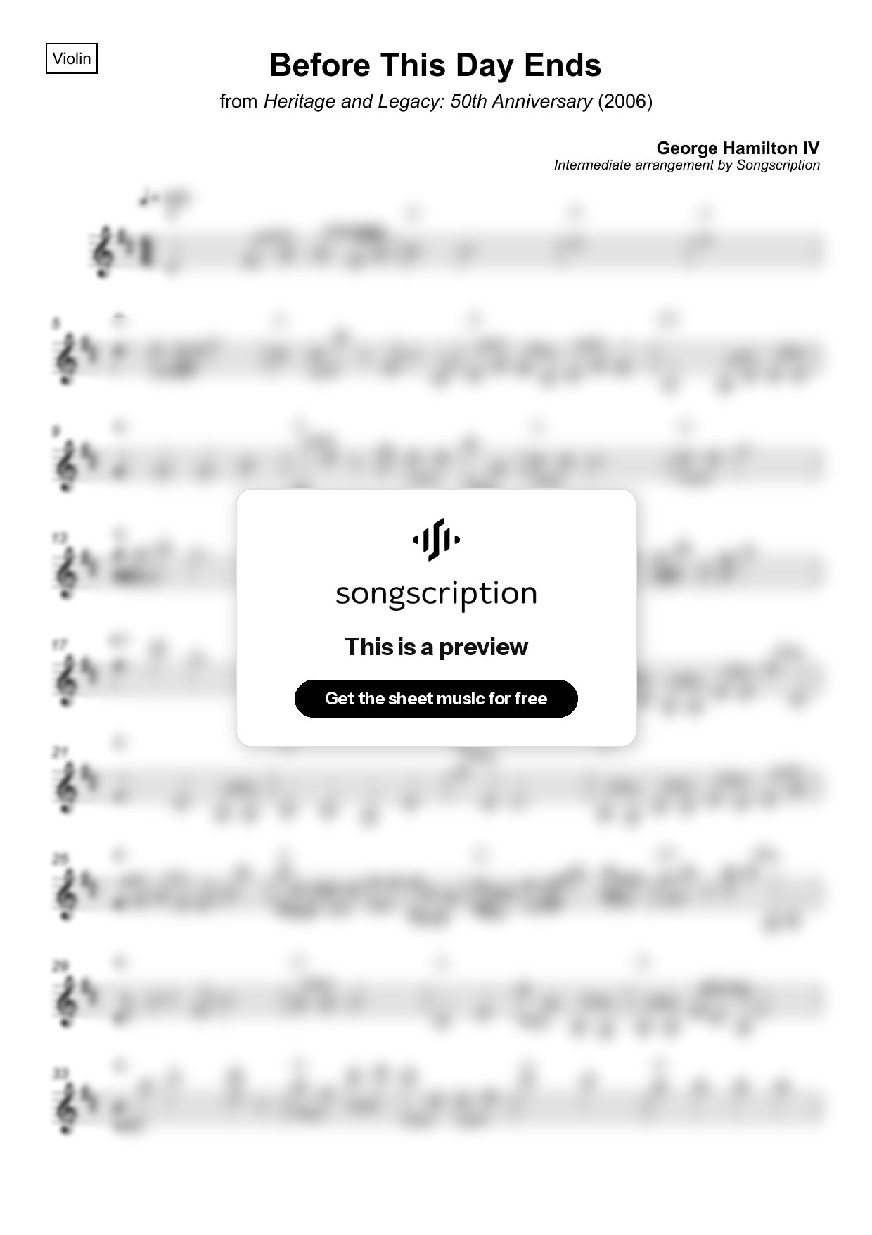 Intermediate Violin Sheet Music for "Before This Day Ends" by George Hamilton IV