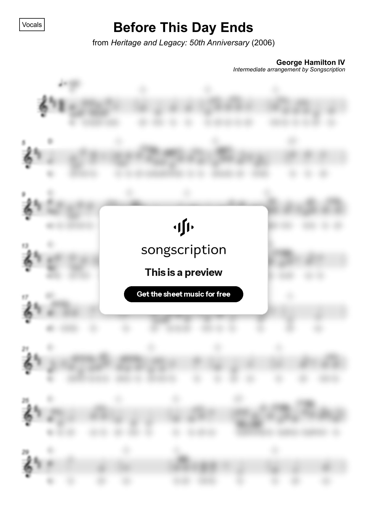Intermediate Vocals Sheet Music for "Before This Day Ends" by George Hamilton IV