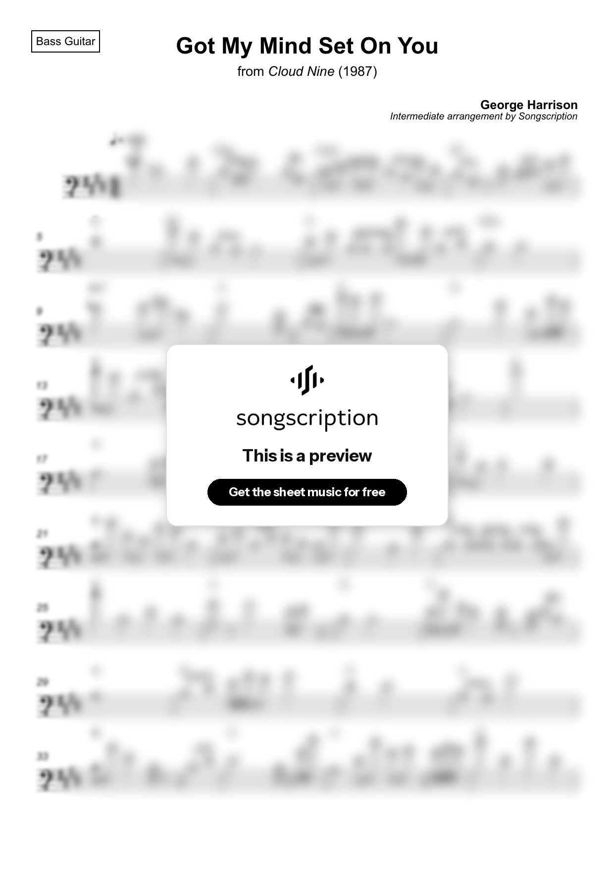 Intermediate Bass Guitar Sheet Music for "Got My Mind Set On You" by George Harrison