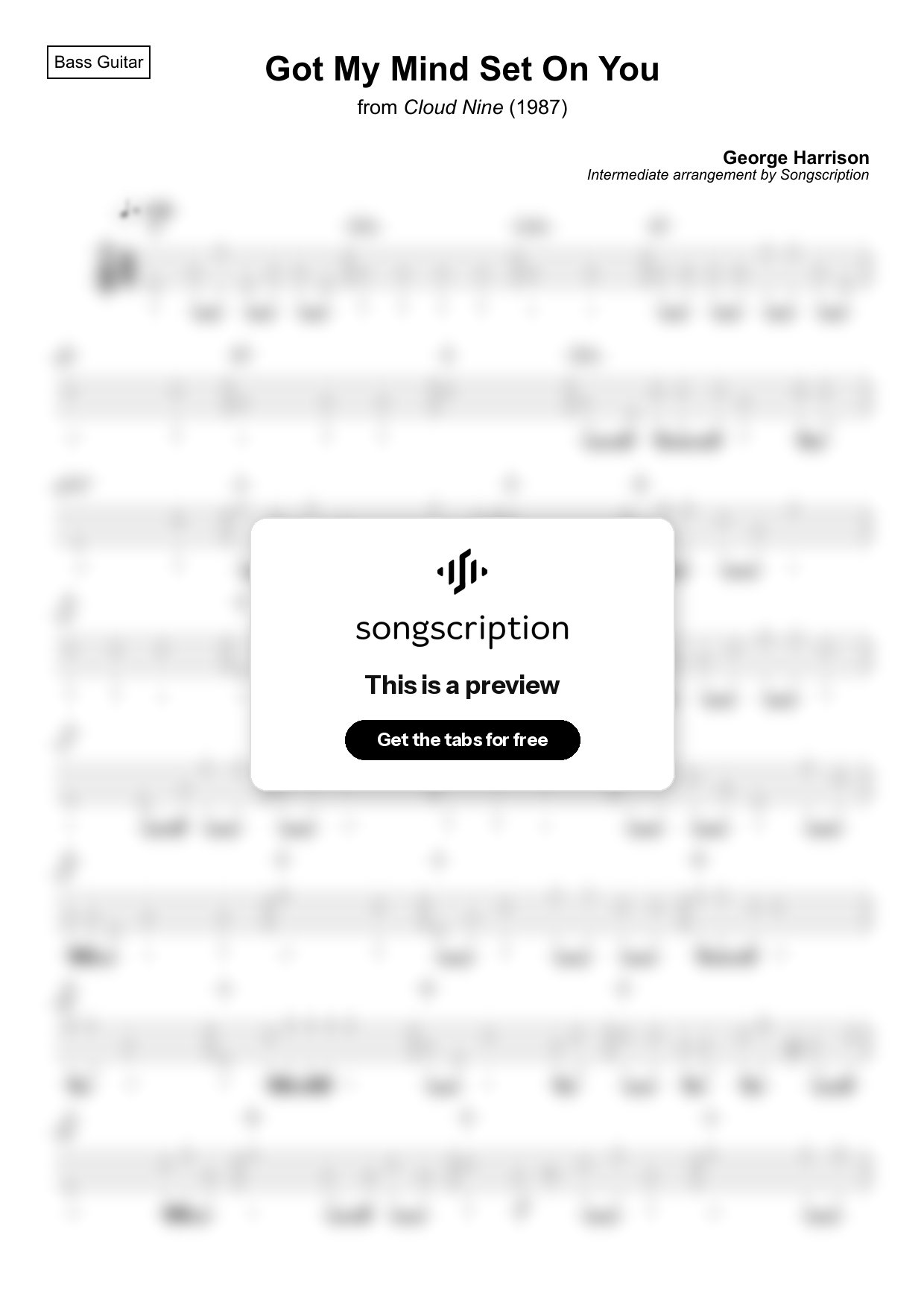 Intermediate Bass Guitar Tabs for "Got My Mind Set On You" by George Harrison