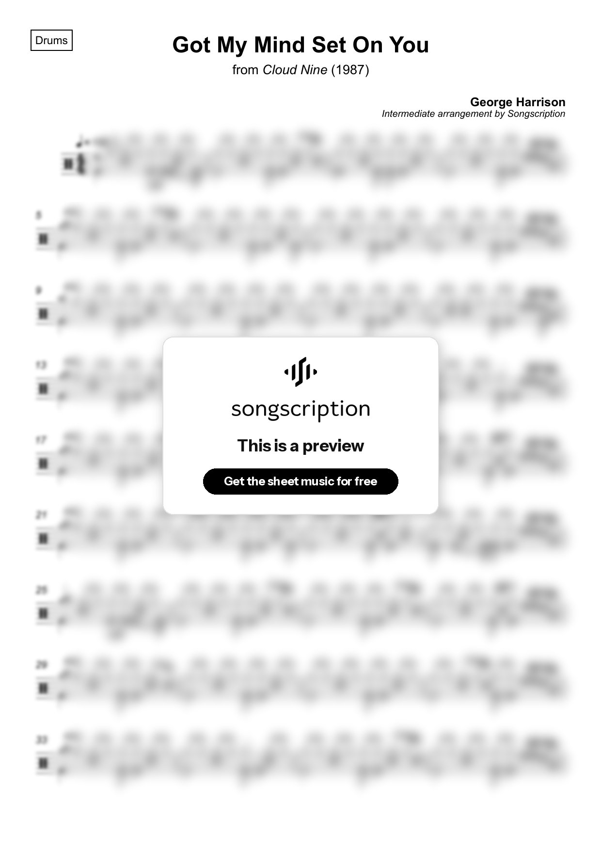 Intermediate Drums Sheet Music for "Got My Mind Set On You" by George Harrison