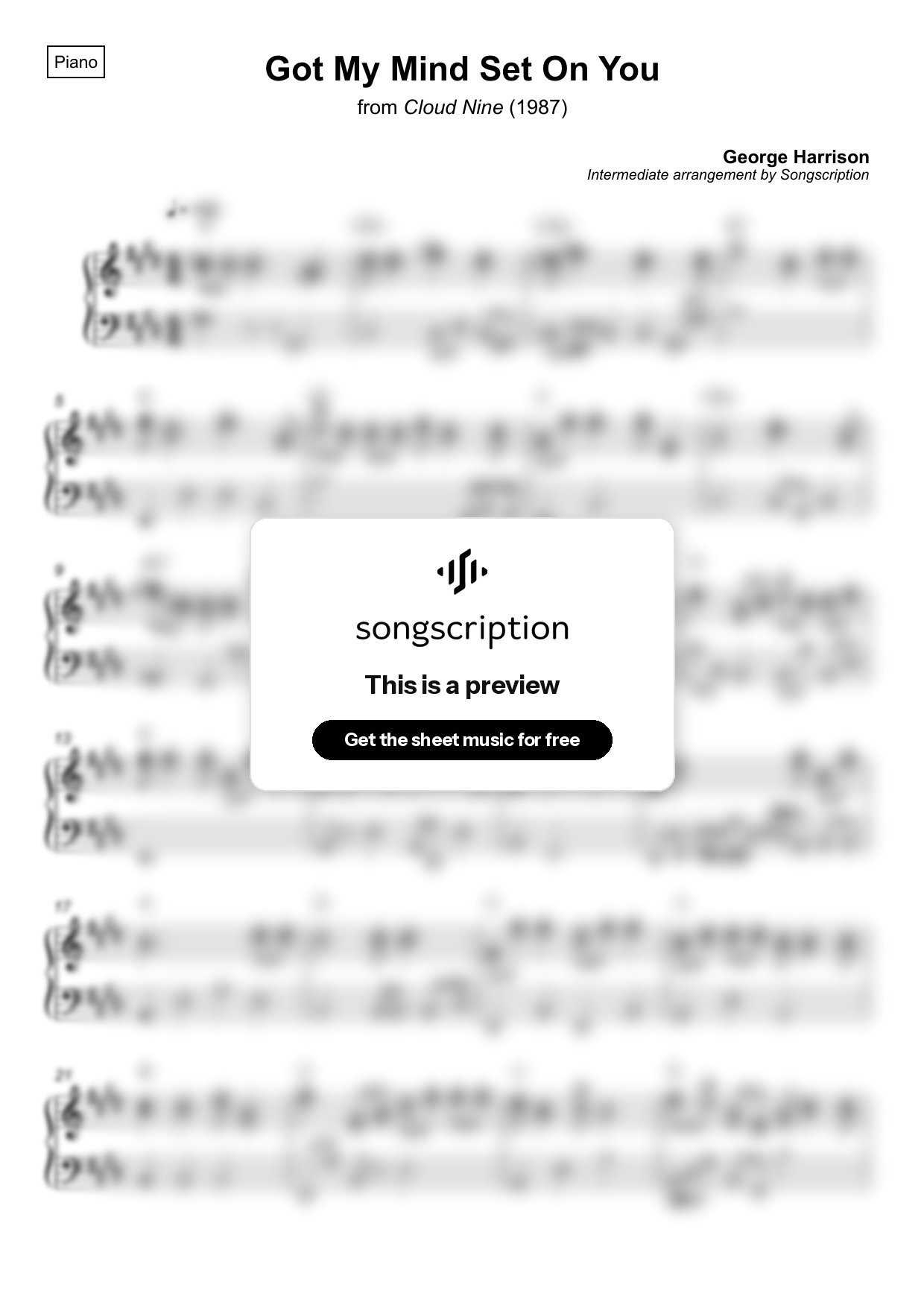 Intermediate Piano Sheet Music for "Got My Mind Set On You" by George Harrison