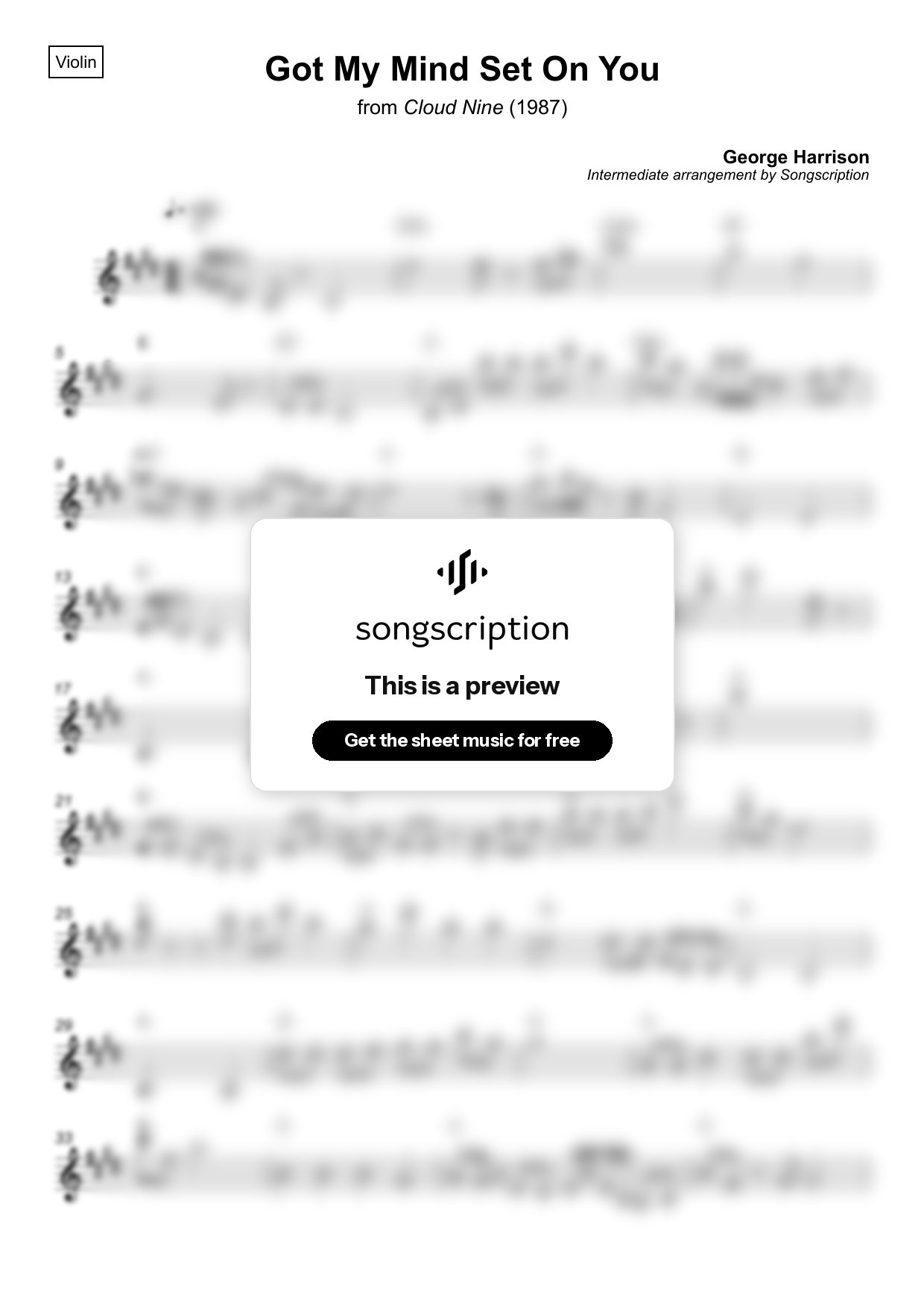 Intermediate Violin Sheet Music for "Got My Mind Set On You" by George Harrison