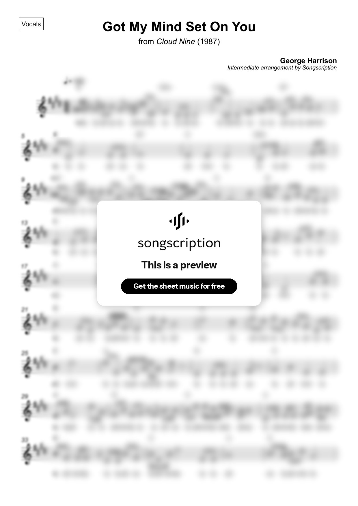 Intermediate Vocals Sheet Music for "Got My Mind Set On You" by George Harrison