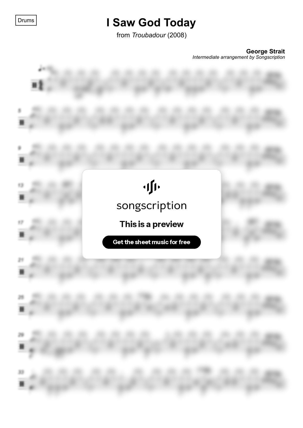 Intermediate Drums Sheet Music for "I Saw God Today" by George Strait