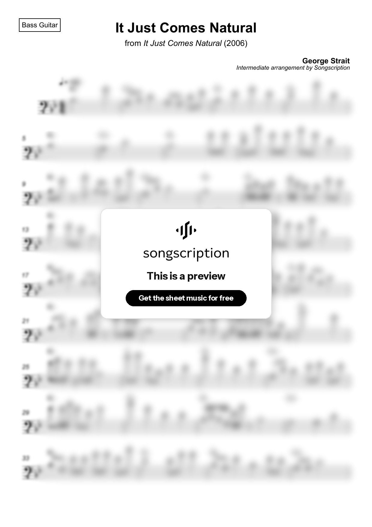 Intermediate Bass Guitar Sheet Music for "It Just Comes Natural" by George Strait
